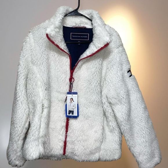 Tommy Hilfiger Women's Zip Front Solid Sherpa Jacket, Sailcloth, Large   - Picture 13 of 16